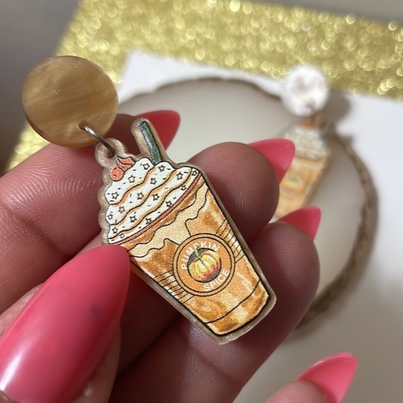 Pumpkin Spice Latte Coffee Drop Statement Earrings - Picture 4 of 11
